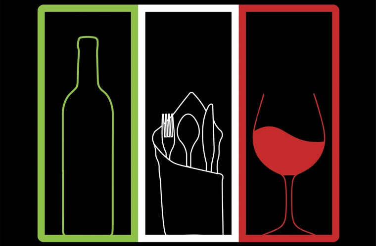 Logo der Trattoria Italian: Flasche, Besteck und Weinglas in Grün, Weiß und Rot